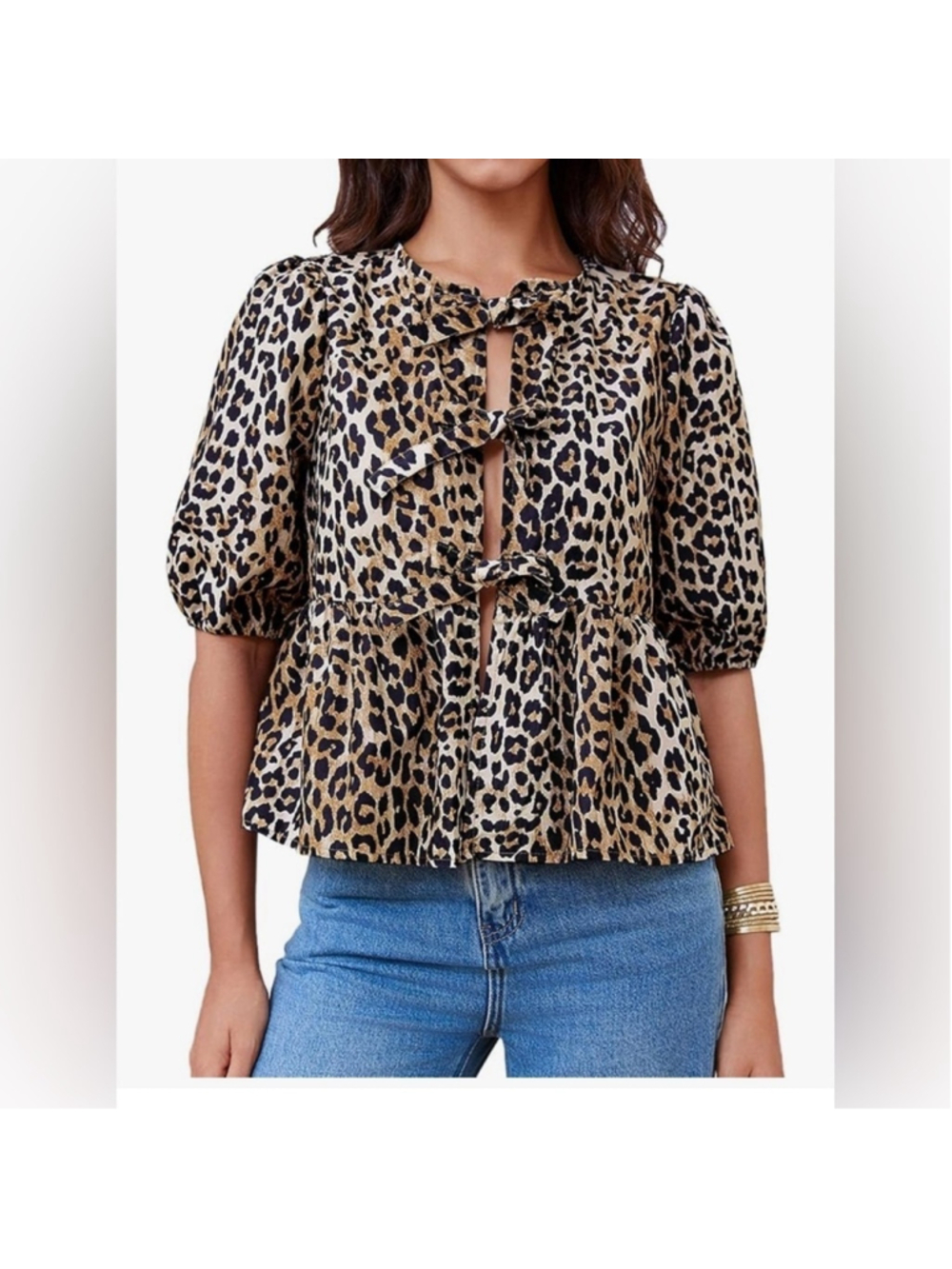 NEW Leopard Tie Front Peplum Babydoll Puff Short Sleeve Blouse Shirt XL